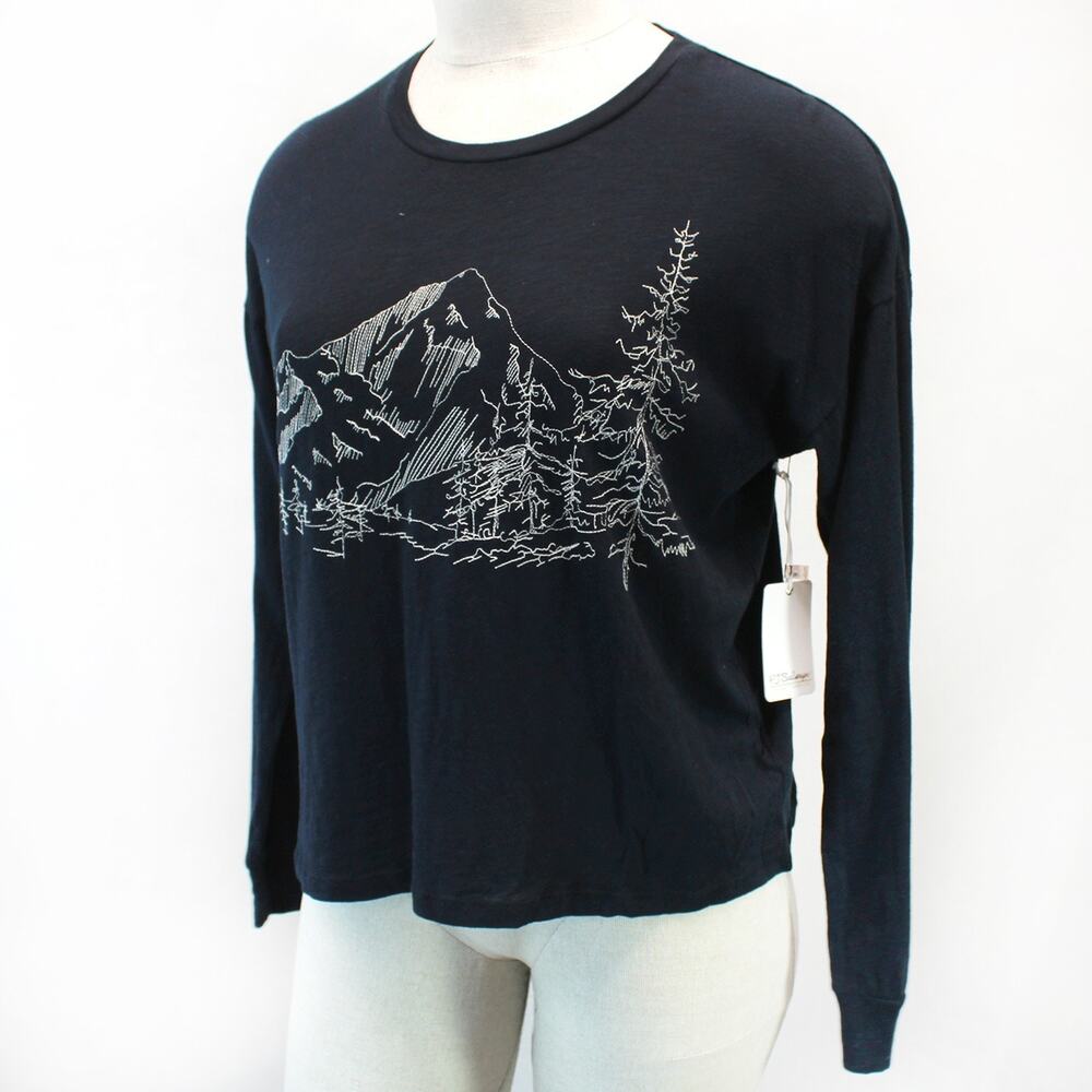 P.J. Salvage Black Top Tee Long Sleeve Mountain Embroidered Casual Pullover XL